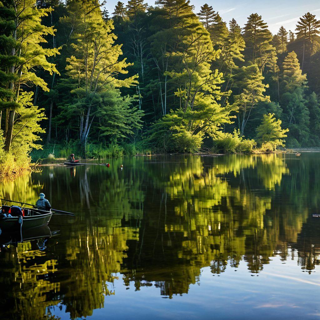 A serene lakeside scene at dawn, featuring a skilled angler in action, showcasing various fishing equipment neatly arranged around them. Include lush green trees, soft ripples on the water, and hints of wildlife such as birds or fish jumping. The light of the morning sun reflects on the water, creating a tranquil atmosphere. Elements of novice and pro gear side by side for comparison. super-realistic. vibrant colors. tranquil setting.