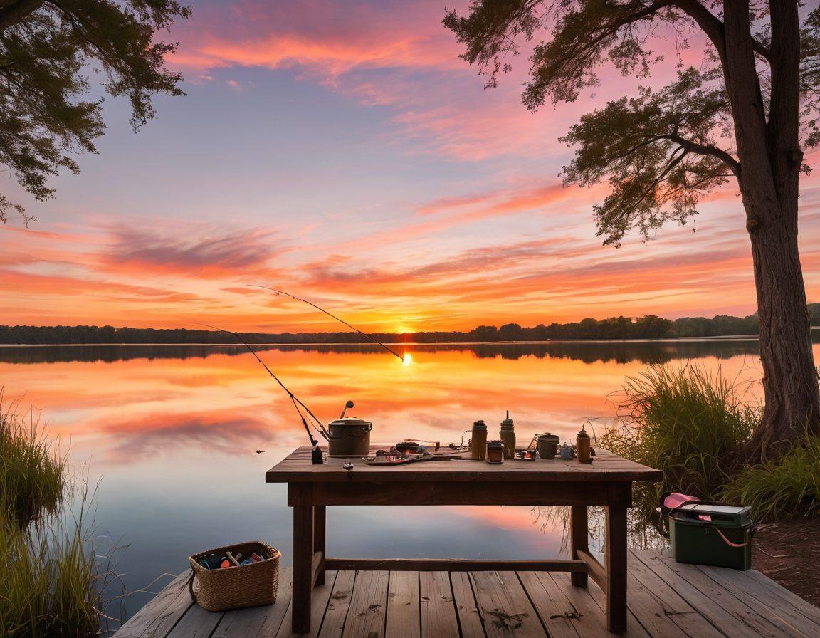A serene lakeside scene showing an array of essential fishing accessories laid out on a rustic wooden table, including a fishing rod, tackle box, bait, and a fishing hat. In the background, a peaceful sunset casts warm colors over the water, while silhouettes of trees frame the scene. A fisherman in the distance can be seen casting a line, embodying the spirit of adventure. vibrant colors. super-realistic.