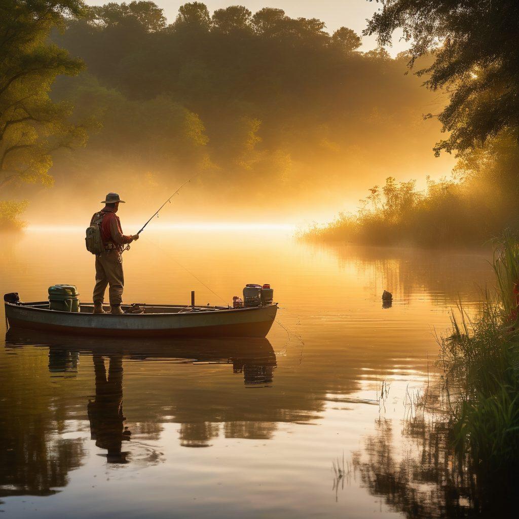 A serene lakeside scene at dawn, showcasing an array of essential fishing gear including colorful rods and tackle boxes. A fisherman is expertly casting a line into the shimmering water, surrounded by lush greenery and gentle mist. The sun rises in the background, creating a warm golden glow that highlights the fishing equipment. Super-realistic. Vibrant colors. Soft focus.